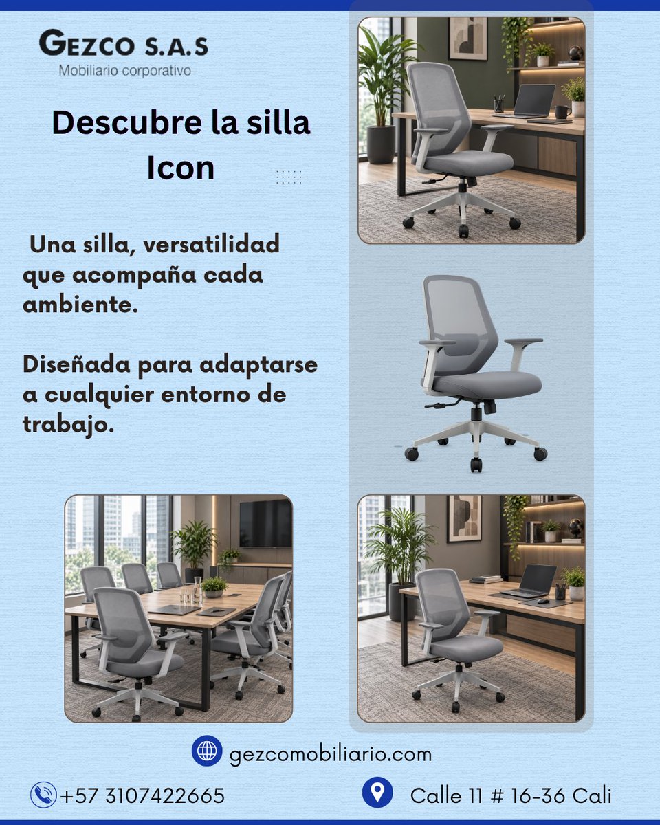 Gezcomobiliario's tweet photo. Versatilidad, diseño y comodidad en una sola silla.  La Icon está lista para transformar tu oficina.  👉 Descúbrela y compra hoy en https://t.co/GzU7xE0eUL #OficinaModerna #GezcoMobiliario #MobiliarioCorporativo #Mobiliario #Ergonomía #Oficina #cali #calicolombia #SillaIcon https://t.co/Q0JxkQB9ng