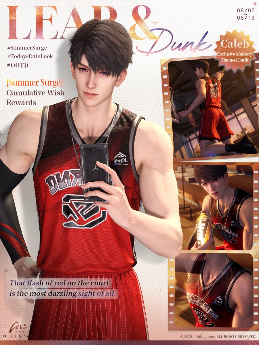 Love_Deepspace's tweet photo. 💫Event Duration: From 05:00 on Aug. 5 to 04:59 on Aug. 14 (Server Time)

💫Limited 5-Star Memory Rate Up
1. During the event, the drop rate of the limited 5-Star Memory [Caleb: Summer Surge] will go up drastically.
2. After the event ends, this limited 5-Star Memory will not be obtainable through other means and will not enter the permanent Wish Pool: Xspace Echo.
3. All Limited Wish Pools share one pity system. A 5-Star Memory is guaranteed within a specific number of Wishes. If the 5-Star Memory you have obtained from the Limited Wish Pool is not the event-limited Memory, you will obtain the event-limited Memory the next time you obtain a 5-Star Memory. The pity count from the last Limited Wish Pool can be applied to this Limited Wish Pool, and pity count from this Wish Pool will also be applied to the upcoming Limited Wish Pool.
*You can read more about the event on the in-game rule page.

💫Summertime Blessing: Wish Rewards
During the event, after making a certain number of Wishes, you can claim various rewards, including [Caleb: Summer Surge] Exclusive Memory-Themed Outfit [Leap & Dunk], Universal Hat [Rule Reversal], General Photo Pose [Lingering Moment], [Deepspace Wish: Limited*20], Memory Ascension Materials, etc.
Notes:
1. The reward Photo Pose and Accessory will be available in Lunar Shop after this round of events ends.
2. After the event ends, the exclusive reward outfit will not be obtainable through other means. It will be rerun alongside the wish event in the future. The cumulative wish history from the first run of this wish event will apply to its Rerun Wish Pool.
3. The cumulative wish rewards are only available during this wish event.
*Actual effects of the Outfit and Accessory may vary in-game.

🎁New Packs
During the event, the new [Bright Summer Pack] and [Radiant Summer Pack] series, which include [Deepspace Wish: Limited] and other materials, will be available in Shop.
Both [Deepspace Wish] and [Deepspace Wish: Limited] can be used for the Limited 5-Star Memory wishes, with [Deepspace Wish: Limited] being prioritized for use.
*After the event ends, [Deepspace Wish: Limited] will automatically convert to Empyrean Wishes.
———
🪐Official Discord: https://t.co/hUskZXqQh0
🪐Download and Log in Now: https://t.co/KeOkoaFt4c
#LoveandDeepspace #Caleb