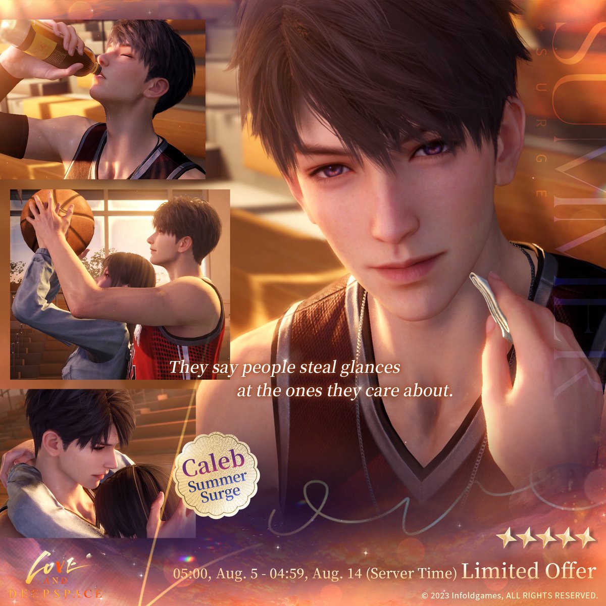 Love_Deepspace's tweet photo. 💫Event Duration: From 05:00 on Aug. 5 to 04:59 on Aug. 14 (Server Time)

💫Limited 5-Star Memory Rate Up
1. During the event, the drop rate of the limited 5-Star Memory [Caleb: Summer Surge] will go up drastically.
2. After the event ends, this limited 5-Star Memory will not be obtainable through other means and will not enter the permanent Wish Pool: Xspace Echo.
3. All Limited Wish Pools share one pity system. A 5-Star Memory is guaranteed within a specific number of Wishes. If the 5-Star Memory you have obtained from the Limited Wish Pool is not the event-limited Memory, you will obtain the event-limited Memory the next time you obtain a 5-Star Memory. The pity count from the last Limited Wish Pool can be applied to this Limited Wish Pool, and pity count from this Wish Pool will also be applied to the upcoming Limited Wish Pool.
*You can read more about the event on the in-game rule page.

💫Summertime Blessing: Wish Rewards
During the event, after making a certain number of Wishes, you can claim various rewards, including [Caleb: Summer Surge] Exclusive Memory-Themed Outfit [Leap & Dunk], Universal Hat [Rule Reversal], General Photo Pose [Lingering Moment], [Deepspace Wish: Limited*20], Memory Ascension Materials, etc.
Notes:
1. The reward Photo Pose and Accessory will be available in Lunar Shop after this round of events ends.
2. After the event ends, the exclusive reward outfit will not be obtainable through other means. It will be rerun alongside the wish event in the future. The cumulative wish history from the first run of this wish event will apply to its Rerun Wish Pool.
3. The cumulative wish rewards are only available during this wish event.
*Actual effects of the Outfit and Accessory may vary in-game.

🎁New Packs
During the event, the new [Bright Summer Pack] and [Radiant Summer Pack] series, which include [Deepspace Wish: Limited] and other materials, will be available in Shop.
Both [Deepspace Wish] and [Deepspace Wish: Limited] can be used for the Limited 5-Star Memory wishes, with [Deepspace Wish: Limited] being prioritized for use.
*After the event ends, [Deepspace Wish: Limited] will automatically convert to Empyrean Wishes.
———
🪐Official Discord: https://t.co/hUskZXqQh0
🪐Download and Log in Now: https://t.co/KeOkoaFt4c
#LoveandDeepspace #Caleb