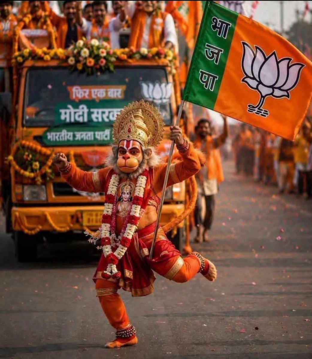 Oyemisty's tweet photo. The world's largest party BJP has kept the Hindu God Hanuman Ji to dance with a flag in its road show. https://t.co/8oFDPAvLkh