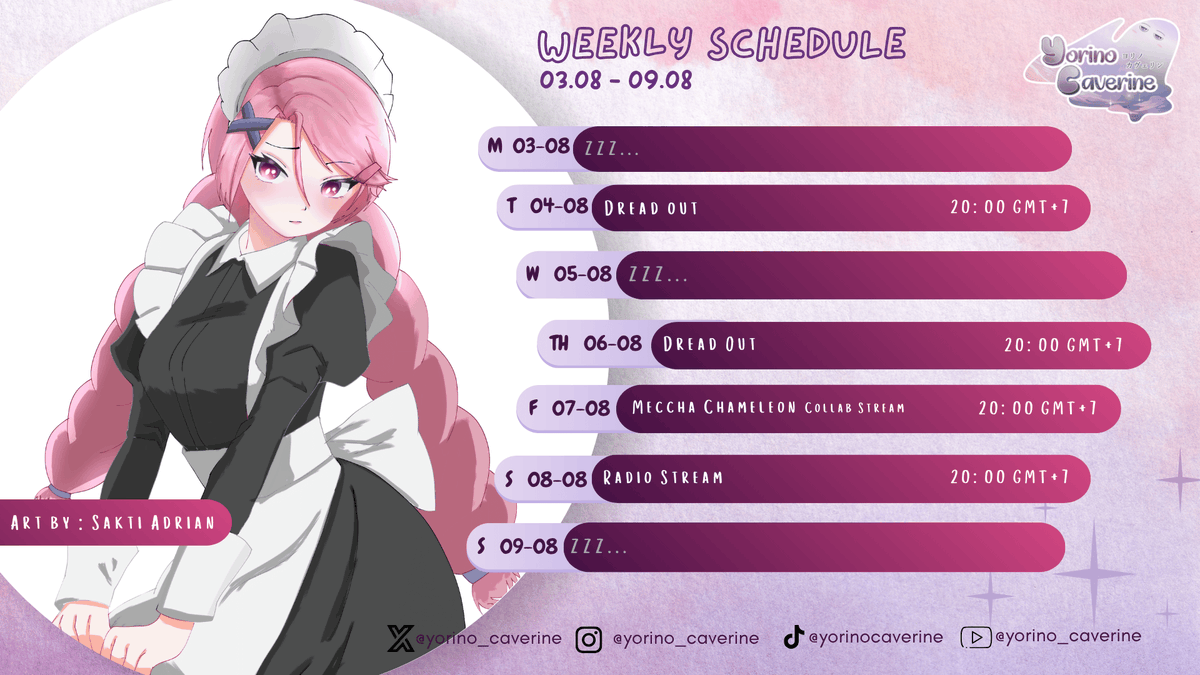 yorino_caverine's tweet photo. [WEEKLY SCHEDULE]
August 03 - August 09 🎀

Akhirnya minggu ini kita nyobain DREAD OUT dan  MECCHA CHAMELEON wkwkwk.

Sampai ketemu di Stream VLOO!!!

Skedjulue bisa berubah!!

Lavyu ALL!!!!

#Yorinocaverine #Vtuberid https://t.co/gntNvQ4Kb8