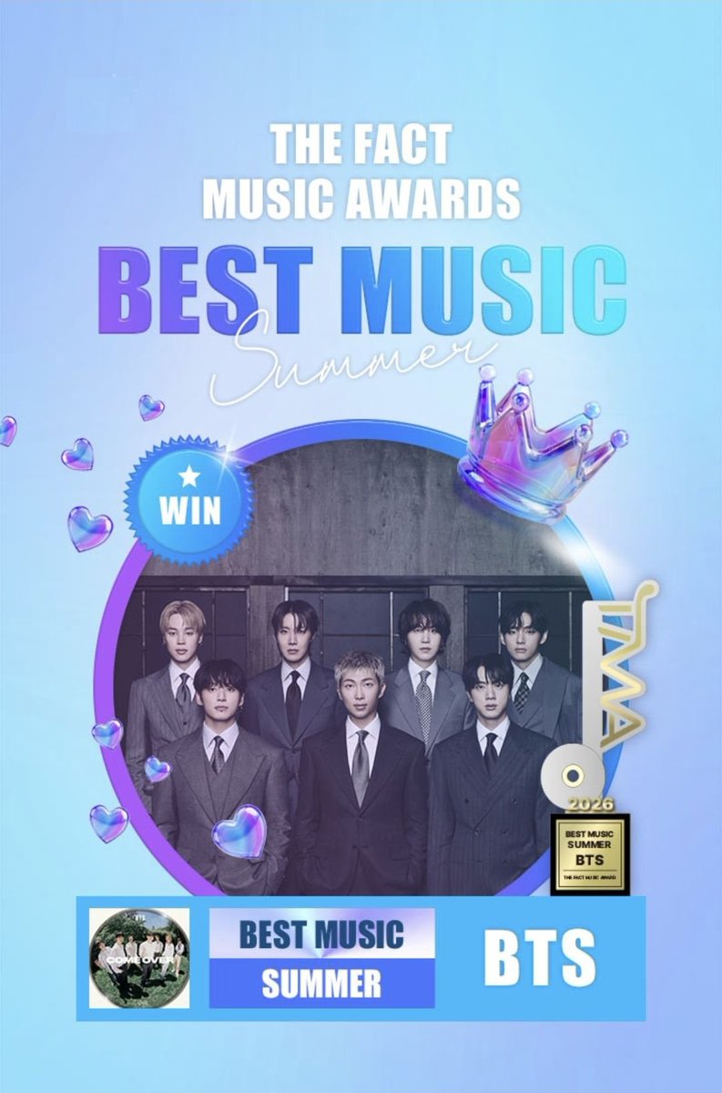 vntgguks's tweet photo. 🏆 WE WON!

BTS' "Come Over" is officially the TMA 2026 Best Music: Summer winner! 🥳

thank you to every ARMY who voted, collected stars, and never gave up. this win is ours!

now, let's focus on GPTS and G+ Level before the August 17 freeze for the TMA Choice Final (Aug 18) 💜 https://t.co/RRwzoiSST6