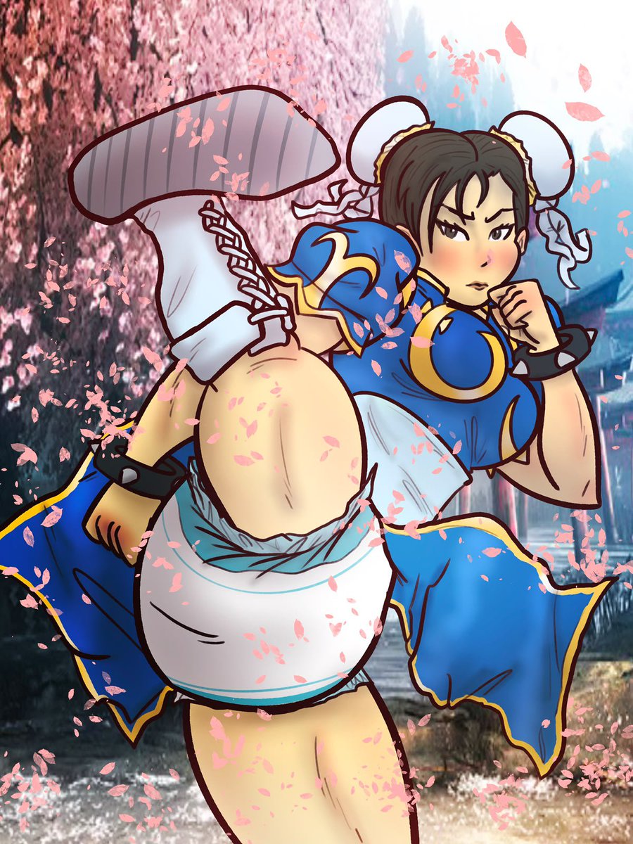 CanvasNCrinkles's tweet photo. Chun Li's Pampered Upskirt 🍼💖. 
Sometimes you need to train so hard to get in perfect fighting shape that you have to forego things like toilet breaks.. thankfully, thick diapers take care of that! Though, the only time you can tell Chun Li is padded up is when she goes for a high kick 🍼💖
#diaper #abdl #abdlart #chunli #streetfighter