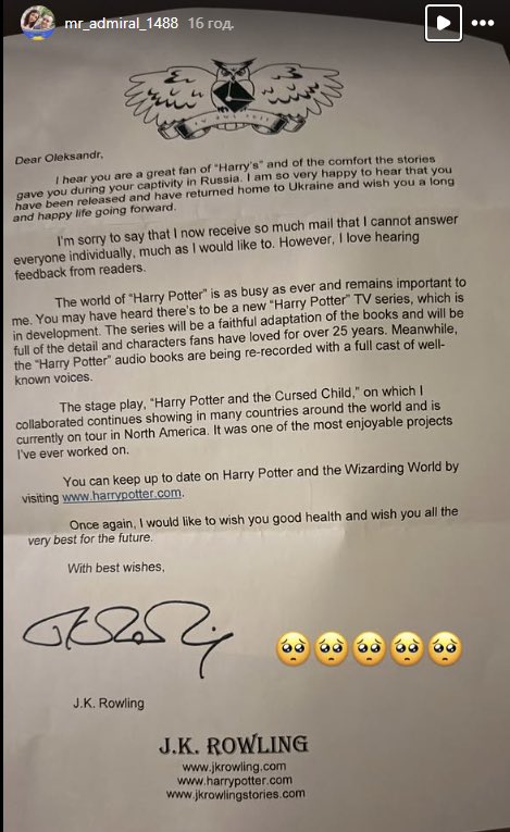 NatalkaKyiv's tweet photo. 🇺🇦 This is absolutely incredible! ❤️

J.K. Rowling has sent a letter and a signed book to Ukrainian Marine Oleksandr Ivanov, who spent four years in Russian captivity. 

To keep up the spirits of his fellow prisoners, Ivanov retold all Harry Potter novels from memory. 

Oleksandr was released in May 2026 and returned home to his wife, Nelli, and their son, Demyd.

According to Ivanov, the letter came as a complete surprise.

“When I was in captivity, I could not even imagine that one day I would receive a letter from J. K. Rowling. Her books helped me and my fellow soldiers not lose hope, and her words became a great support for me. I am very happy and deeply grateful,” Oleksandr said.

@jk_rowling On behalf of all Ukrainians, thank you! 💙💛🙏