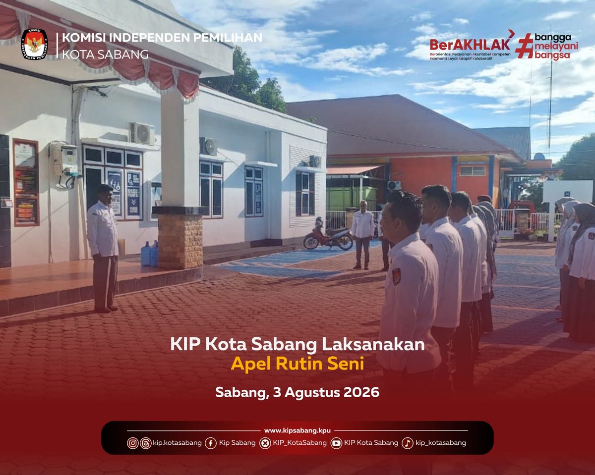 KIP_KotaSabang's tweet photo. #TemanPemilih Komisi Independen Pemilihan (KIP) Kota Sabang melaksanakan apel rutin Senin yang dipimpin oleh Sekretaris KIP Kota Sabang, Teuku Taufiq, di halaman Kantor KIP Kota Sabang, Senin (3/8/2026). https://t.co/tSaO44rvlS