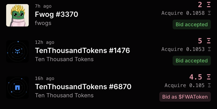 0x0avid's tweet photo. • 0.1 ETH -> 2 ETH (Accepted the ETH)
• 0.1 ETH -> 5 ETH (Accepted the ETH)
• 0.1 ETH -> 4.5 ETH (Accepted the $FWA)

Are you taking profits or accumulating $FWA when we are on the last emssions day? https://t.co/amS5tJ3sIX