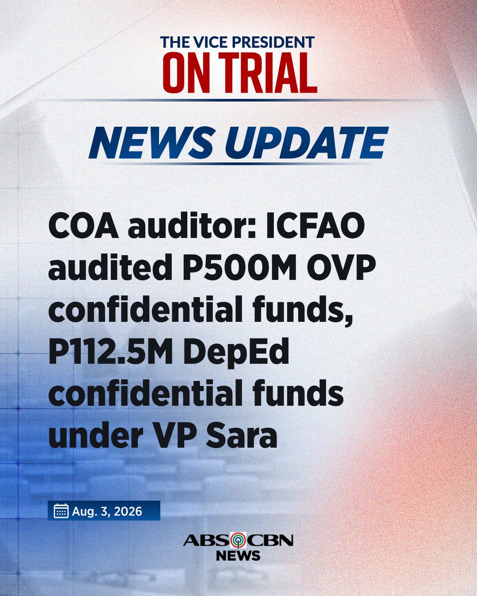 ABSCBNNews's tweet photo. UPDATE: Sinabi ni prosecution witness Roderick Wamil na tanging sa termino ni Vice President Sara Duterte nagkaroon ng audit para sa confidential funds sa panahong state auditor siya sa COA ICFAO.

Aniya, walang confidential funds sina dating bise presidente Jejomar Binay at Leni Robredo. #VPOnTrial