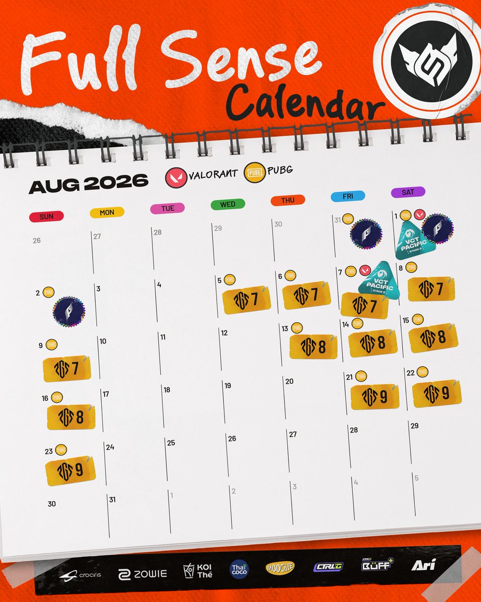 fullsense_gg's tweet photo. 🔥 FULL SENSE MONTHLY SCHEDULE • AUGUST 2026 🔥
July is officially packed for the FULL SENSE roster. We’re grinding hard and going all-in for every match. Mark your calendars and stay tuned for the action, FENCE fans! 🧡

This Month's Competitions
🔫 VALORANT TEAM
- VCT Pacific Stage 2 (Play-in TBA)
🪂 PUBG TEAM
- Game of The Future 2026
- PUBG Global Series (PGS)

See you on the battlefield. Let's make this month unforgettable! 🧡

#FULLSENSE #FSVALORANT #FSPUBG #FSFLYHIGH #VCTPacific
#CROCIRIS #ZOWIE #KOITheThailand #ไทยโคโค่ #moochiepetfood #CtrlG #CtrlGBuFF #Ari