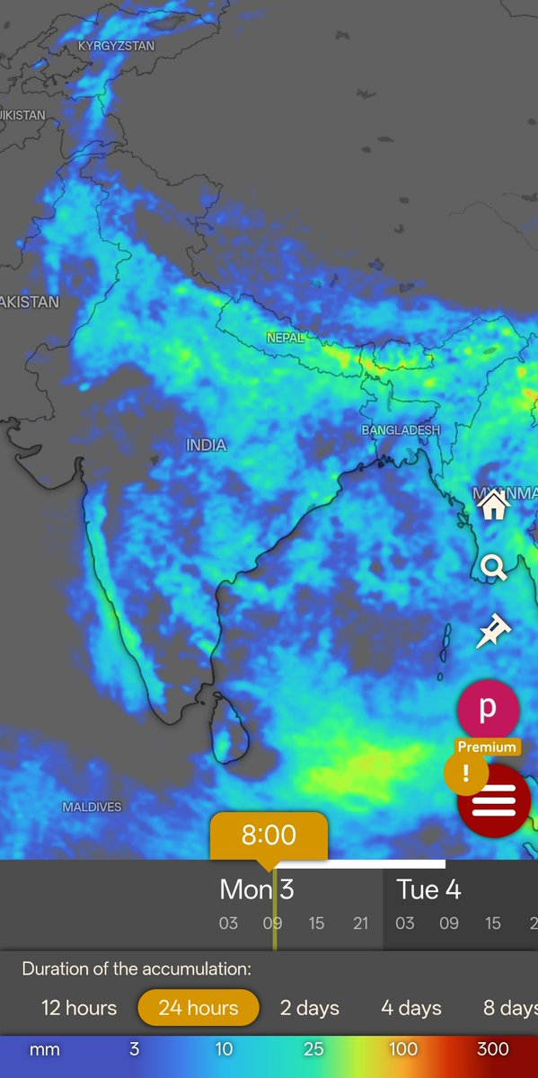 allindiaweather's tweet photo. Today's (3 Aug) rainfall forecast:

Parts of northeast and central Rajasthan, Punjab, Himachal, Uttarakhand, Haryana, Delhi NCR, UP, Bihar, Jharkhand, north Bengal, Chhattisgarh, and northeast India are likely to experience moderate to isolated heavy showers. Isolated thunderstorm activity is possible over Telangana, east Maharashtra, Andhra Pradesh, and East Tamil Nadu. 

The west coast of India will continue to experience light to moderate passing showers. Gujarat, south Karnataka, south Rajasthan, south Tamilnadu and western MP are likely to remain mostly rainfall-free, with the possibility of mild, isolated passing showers.

Image courtesy windy
