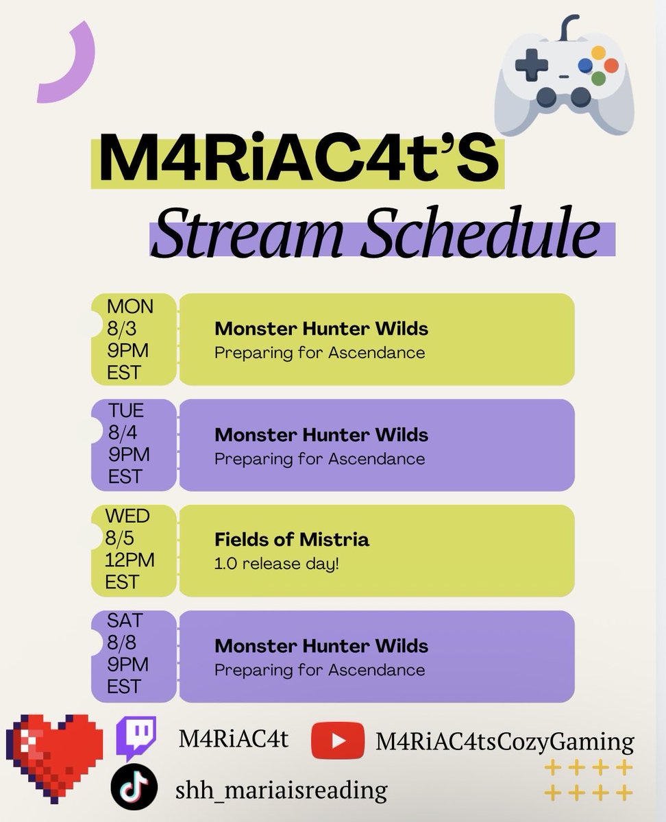 M4RiAC4t's tweet photo. Stream schedule for the week 🖤 https://t.co/P6xFyGUBV4