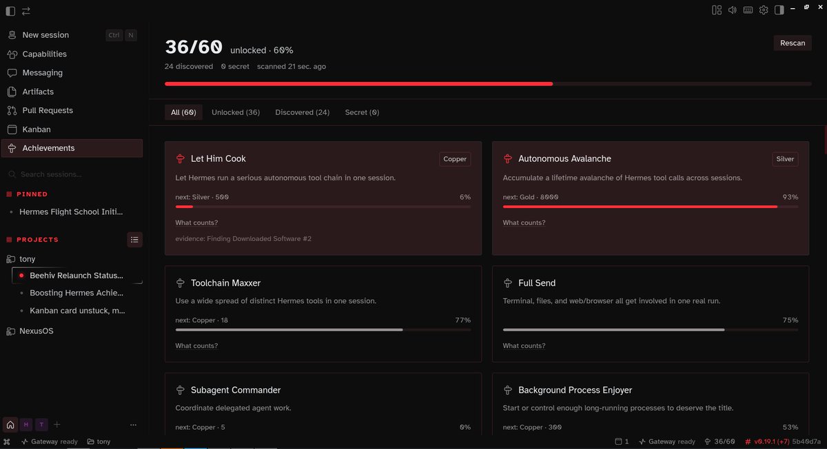 tonysimons_'s tweet photo. Built the missing piece: Hermes achievements now lives in the desktop app. 🪽

Score header, tier filters, progress bars, statusbar chip, ⌘K command.

Backed by the plugin API Hermes already ships, zero new backend.

36/60 unlocked on my box and climbing. Side quest achieved.

https://t.co/xzkv3F4pij
