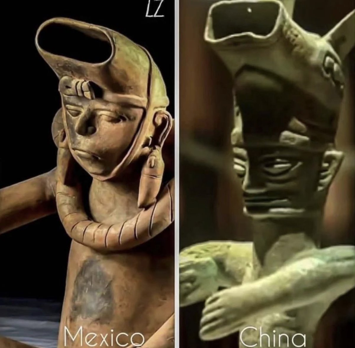 historyinmemes's tweet photo. These sculptures were made thousands of miles apart and separated by centuries, yet their striking resemblance is remarkable.

The figure on the left is a Mesoamerican vessel, likely from western Mexico, dating to around 300 BC–AD 300. The figure on the right is a Chinese bronze vessel, probably from the Shang or Zhou period (c. 1600–256 BC). Despite being separated by thousands of miles and centuries, both feature human forms with hollow spouts extending from the top of the head, allowing them to function as pouring vessels.

Across history, different civilizations independently created similar human-shaped containers with practical elements like spouts and handles. When objects serve the same purpose, similar designs can emerge even without direct contact between cultures.

There is no widely accepted archaeological evidence that ancient China and pre-Columbian Mesoamerica influenced each other’s art. Their resemblance is generally viewed as an example of convergent design rather than proof of cultural exchange.