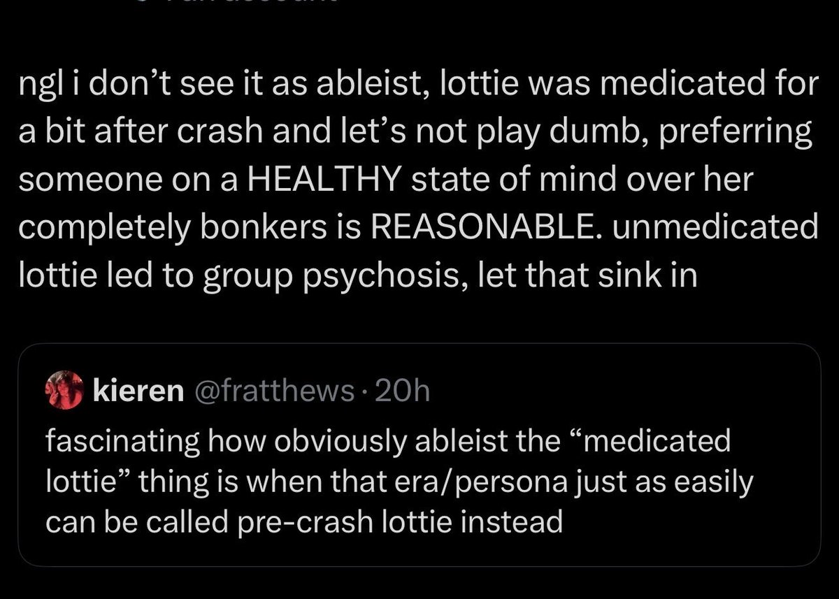 fratthews's tweet photo. 1. schizophrenia + other disorders do not mean unmedicated people are “bonkers” 
2. lottie was NOT the sole reason for the group’s psychosis, did you watch the fucking show?
3. all of the girls made “insane” decisions yet only the neurodiverse character is blamed/punished for https://t.co/LJOIJxaVuN