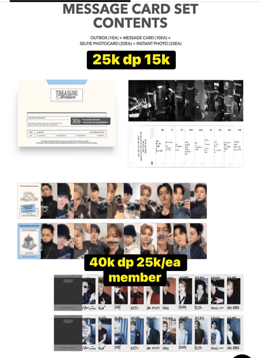 Vgaries11's tweet photo. [ OPEN SHARING ] 
TREASURE ARCHIVE : TREASURE 6th ANNIVERSARY 

✔️Est INA 
✔️GO INA 
✔️ Full slot = Fix order
✔️ Handcarry &amp; EMS* 

🚚Bekasi 
💌mt after DM✨

t sell treasure hyunsuk jihoon yoshi junkyu jaehyuk asahi doyoung haruto jeongwoo junghwan https://t.co/oQIVTe9MPx