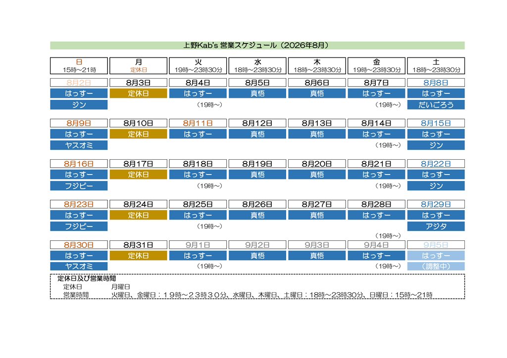 ueno_kabs's tweet photo. 8月3日(月) Kab’s 
本日は定休日でございます

本日の台東区は曇り、最高気温はなんと26°C 全然暑くないです。自宅のエアコンが壊れていても大丈夫な気温！
一方、熊本市の最高気温は39°C
被災地域の皆さん、大変だとは思いますが、気をつけてお過ごしください。 https://t.co/cY7Xt8UYkI