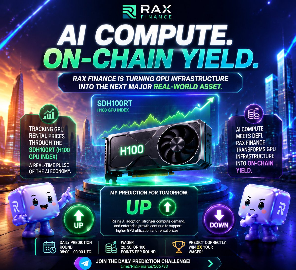 sarker_113's tweet photo. AI is no longer limited by algorithms it's powered by compute. As demand for AI continues to accelerate GPU infrastructure is becoming one of the world's most valuable real-world assets.

That's why I'm excited to see @RaxFinance transforming AI compute into on-chain yield through the H100 GPU Index (SDH100RT). Tracking GPU rental prices provides a real-time view of AI infrastructure demand, making GPU markets more transparent and accessible for everyone.

 My prediction for tomorrow: UP

With AI adoption expanding across enterprises, research, and decentralized AI ecosystems, demand for high-performance GPUs like the H100 remains strong. While short-term fluctuations are always possible, I believe the broader trend continues to support higher GPU utilization and healthy rental demand.

What makes this even more engaging is that RAX Finance turns market knowledge into an interactive experience. Stake 20, 50, or 100 community points make your prediction during the daily round, and earn 2× your wager if you're right.

This is more than a prediction game it's a new way to connect AI infrastructure with decentralized finance and showcase the potential of AI-powered RWAs.

 Join the daily prediction challenge and test your market insight.

👉 Join the RAX Finance Telegram and participate in daily predictions:
https://t.co/hytcPTm64A
