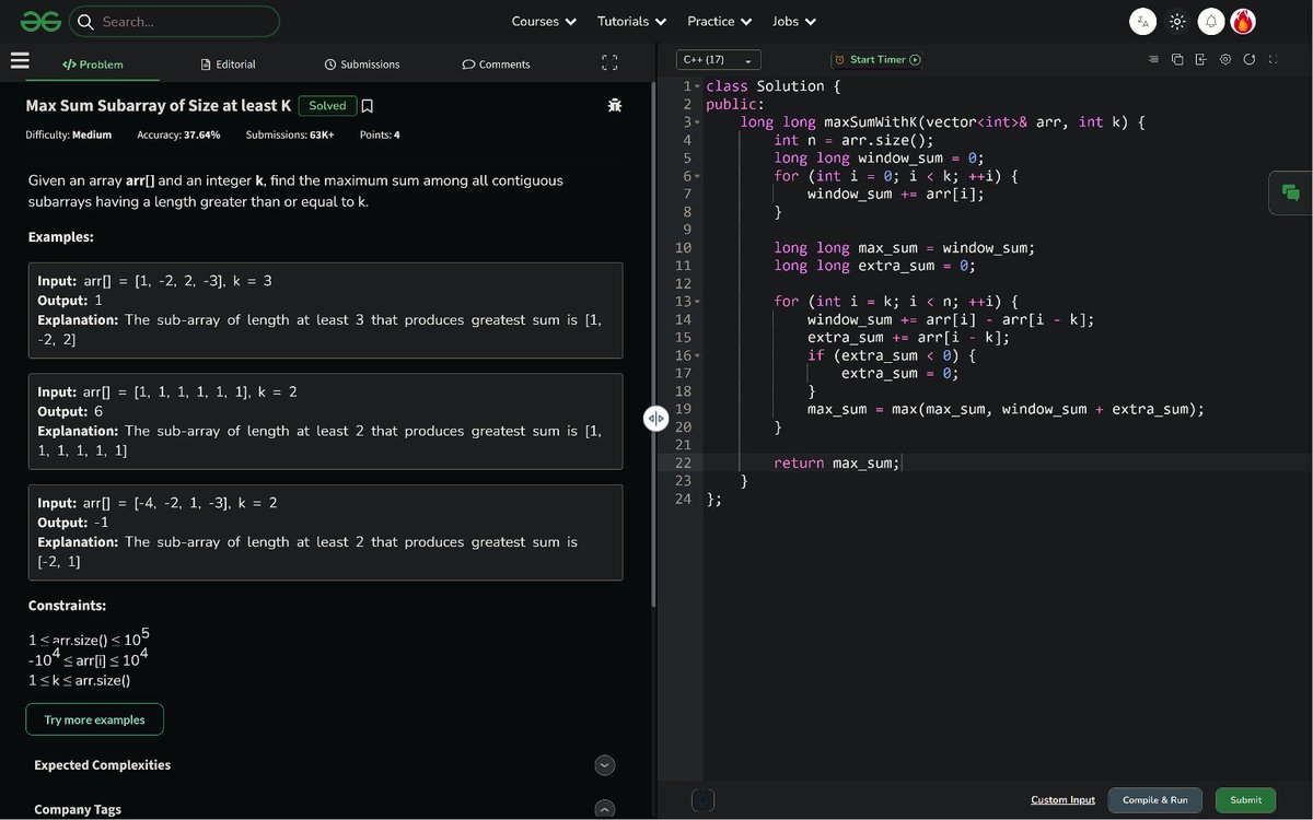 PankajB42550's tweet photo. 🚀 #Day 188/100 – Max Sum Subarray (Size ≥ K)

💡 Sliding Window + Kadane's. Track best extra contribution from discarded elements to extend beyond size k.

✅ O(N) | O(1)

Consistency > Intensity. Keep pushing! 💪

#100DaysOfCode #DSA #SlidingWindow #Kadane #Arrays #DAY188 https://t.co/Udkc2kTZUu