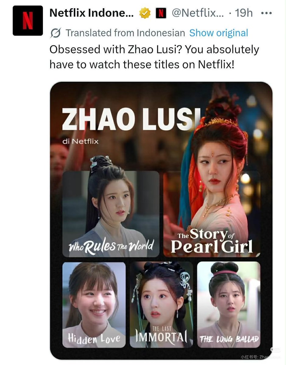 taey14_rosy0911's tweet photo. บัญชีทางการของ Netflix อินโดนีเซีย โพสต์ข้อความกล่าวถึง #จ้าวลู่ซือ 

หลงรัก #ZhaoLusi ใช่ไหม? คุณต้องไม่พลาดซีรีส์เหล่านี้บน Netflix อย่างเด็ดขาด! https://t.co/yl0nqlTU8M