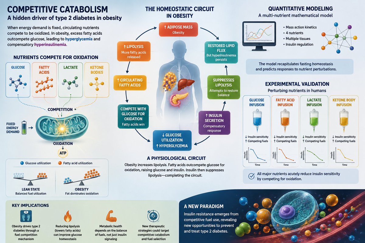 mncangie's tweet photo. 🚨¿Y si la resistencia a la insulina no comienza en el receptor de insulina?
Estudio propone un nuevo mecanismo: el catabolismo competitivo.
En obesidad, el exceso de ácidos grasos compite con la glucosa, reduciendo su utilización y favoreciendo hiperglucemia e hiperinsulinemia. https://t.co/5qBCqgC1Bt