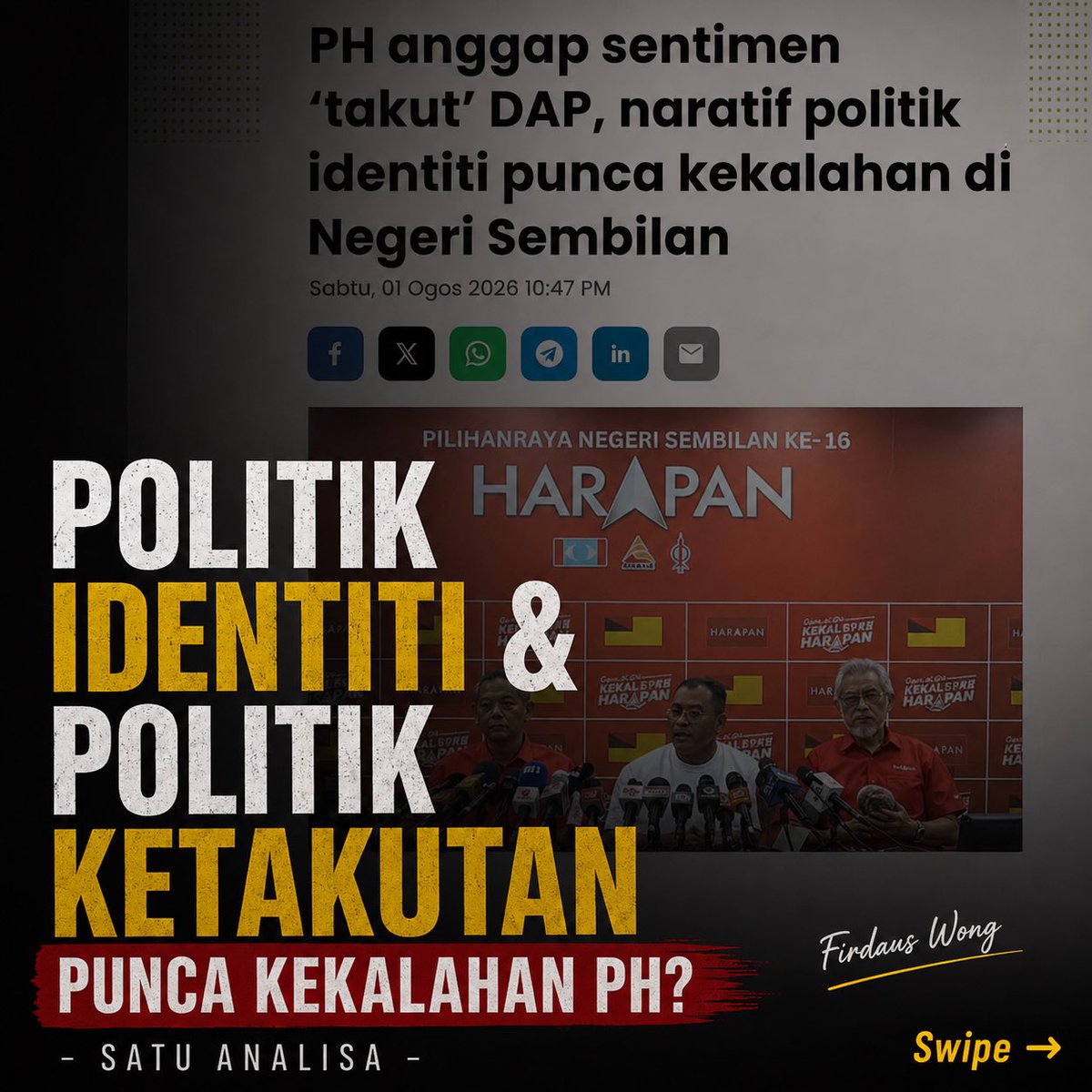 FirdausWong's tweet photo. Saya menonton sidang media Pakatan Harapan (PH) semalam oleh Pengarah Pilihan Raya PH, Datuk Seri Amirudin Shari.

Beliau menyifatkan naratif yang memfokuskan kepada politik identiti menjadi punca kekalahan mereka pada Pilihan Raya Negeri (PRN) ke-16 Negeri Sembilan.

Sebagai Muslim, saya perlu berlaku adil dalam memberikan ulasan.

BNPN memainkan politik identiti. Itu fakta. 

Kedaulatan Islam.  Perpaduan Muslim. 

Sebagaimana kata Profesor Wong Chin Huat semalam dalam Astro Awani yang saya susun dalam ayat saya sendiri,

“Kalau BN atau PN cuba bermain dengan menjadi lebih tengah (center) dengan meninggalkan ideologi politik kanan, nampak macam fake & orang tak percaya. Itu asas kepada kedua-dua gabungan politik itu.”

Menurutnya lagi, itu tidak bermaksud BNPN tidak fokus kepada ekonomi & perkara lain cuma fokus utama perjuangan mereka adalah agama & kaum.

Cuma persoalan yang lebih menarik yang ramai rakyat fikirkan apabila mendengar sidang media semalam ialah,

* Apakah DAP memperjuangkan sekolah vernakular & UEC itu bukan politik identiti? Memperjuangkan kepentingan orang Cina?

* Apakah mempertahankan kuil-kuil haram itu bukan politik identiti walaupun itu adalah isu undang-undang? Memperjuangkan kepentingan penganut Hindu walaupun salah itu bukan politik identiti?

And the list goes on..

Saya juga tertarik dengan kenyataan Pengarah Komunikasi Parti Amanah Negara (Amanah), Khalid Samad yang mendakwa sentimen yang membangkitkan kebimbangan terhadap DAP menyebabkan ramai pengundi Melayu membuat pilihan berasaskan faktor tersebut, berbanding menilai rekod pencapaian kerajaan negeri.

Yang disebut oleh Datuk Seri Amirudin ialah politik identiti manakala yang disebut oleh Khalid Samad pula ialah politik ketakutan.

Saya juga percaya ramai rakyat juga tertanya-tanya tentang kenyataan Khalid Samad.

* Apakah dengan PH memainkan retorik ‘Tolak Gelombang Hijau’ itu bukan politik ketakutan?
* Apakah dengan retorik ‘Tolak Gelombang Hijau’ di mana gaya hidup masyarakat bukan Islam akan disekat itu bukan politik ketakutan?
* Bukankah Nga Kor Ming pernah berkata Malaysia akan menjadi seperti Taliban Afghanistan jikalau PN menang itu bukan politik ketakutan?

Banyak lagi contoh yang boleh diberikan..

Hari ini rakyat bukan sekadar menilai berdasarkan kenyataan rasmi & perkataan bombastik yang digunakan oleh mana-mana ahli atau parti politik.

Rakyat semakin bijak menilai retorik dengan realiti. Majoriti rakyat Malaysia yang layak mengundi bukanlah ahli kepada mana-mana parti politik baik dari PH, BN atau PH.

Jumlah pengundi berdaftar (SPR) adalah seramai 22.17 juta orang. 

Jumlah keahlian semua parti utama lebih kurang 8.95 juta orang. Jumlah ini adalah berdasarkan rekod buku & pendaftaran dalam talian yang diumumkan oleh parti-parti utama.

Jumlah pengundi bebas yang tidak berparti adalah seramai 13.22 juta orang (59.7%). 

Semua ahli & parti politik perlu sedar bahawa majoriti pengundi Malaysia sebenarnya tidak menganggotai mana-mana parti dan kumpulan inilah yang biasanya menjadi penentu (kingmaker) dalam setiap pilihan raya. 

Saya termasuk antara mereka yang tidak berparti.

Alangkah baiknya jikalau dalam sidang media semalam, PH mengakui akan kekurangan mereka & tidak menyalahkan pihak yang lain sebagai punca kekalahan mereka.

Sebenarnya implikasi lebih besar dari itu!

Mesej yang barangkali difahami oleh rakyat yang mengundi BNPN & tidak berparti adalah PH menyalahkan rakyat kerana mengundi so called politik identiti.

Rakyat melihat PH masih didnt get the message and live in denial kenapa dalam PRN Sabah, Johor & Negeri Sembilan, rakyat menolak PH.

Dengan menyalahkan taktik pihak lawan tidak akan membantu PH untuk belajar dari rentetan kekalahan PRN ini.

Selepas ini, ujian lebih mencabar iaitu di PRN Melaka yang menjadi kubu kuat BN sejak sekian lama.

Adakah PH mampu belajar dari tiga kekalahan PRN & bangkit untuk memenangi Melaka atau PH akan kalah lebih teruk di Melaka?

Apa pandangan sahabat semua?