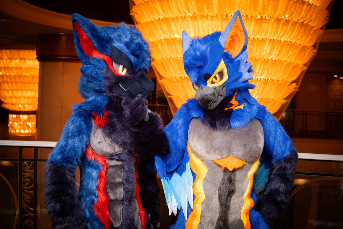 Furtasy_Meta's tweet photo. Twin-Shadow Assault | The Nargacuga Duo Arrives

Left: Crimson-Stripe Shadow — fierce and powerful.
 Right: Golden-Eyed Azure Wing — swift and agile.

Traveler, which one will you choose—left or right?
⬅️ Choose Left: Overwhelming Power
➡️ Choose Right: Lightning Assault @AirSAMAdesu

Leave your choice in the comments.
The hunt is about to begin.

Two shadows as one, striking without a sound.
 Dreams Forged in FurTasy | Adventure Together
#FurTasy #Nargacuga #Fursuit #FursuitMaker #MonsterHunter
