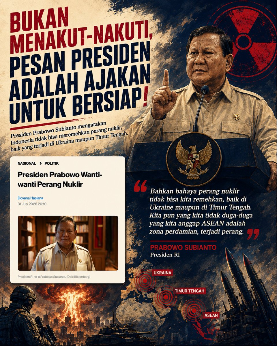 adeevahsn's tweet photo. Siap-siap, Pak Prabowo ingatkan kita waspada konflik nuklir global. Bukan nakutin, tapi jaga-jaga penting biar kita selalu aman.
#jagaindonesia #siapsiaga #nkrihargamati #geopolitik #dialogbukankonfrontasi https://t.co/xQ0yYDWC3X