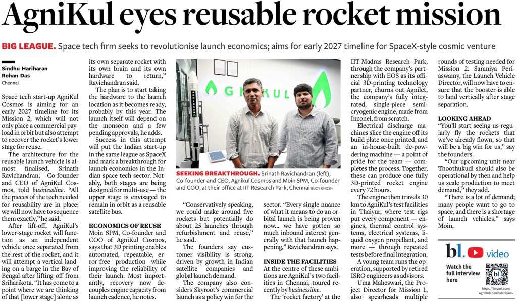 prasannavishy's tweet photo. Chennai-based AgniKul Cosmos aiming for an early-2027 mission to recover and reuse the first stage of its rocket 

The startup is also building its own fully 3D-printed rocket engines and says it can produce one every 72 hours.  Via @businessline https://t.co/KpJwkrrsVP