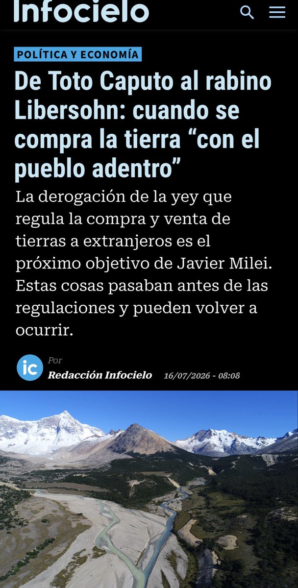 Geopolitik_2030's tweet photo. ⚠️ARGENTINA A LA VENTA⚠️

‼️ESTE 
6👇🏻 DE AGOSTO SE VOTA LA REFORMA PROPUESTA POR MILEI PARA PERMITIR LA EXTRANJERIZACIÓN SIN LÍMITES DE LAS TIERRAS‼️
👇🏻

*️⃣El "escándalo de Valle Hermoso" es uno de los casos más emblemáticos sobre la venta de tierras en Argentina. Ocurrió en 2008 cuando el rabino y empresario estadounidense Yosef Jaim Libersohn compró 200.000 hectáreas en el departamento de Vinchina, La Rioja, por 650.000 dólares.

*️⃣La compra incluyó no solo el terreno, sino todo el pueblo de Valle Hermoso: viviendas, una escuela, comisaría, iglesia y, crucialmente, a sus habitantes. Al descubrirlo, los pobladores se organizaron para defender su permanencia.

*️⃣El caso se volvió más turbio cuando Libersohn denunció que funcionarios provinciales le pidieron un soborno para concretar la operación, aunque el gobierno lo negó y lo acusó de querer "apoderarse de una de las dos reservas de agua dulce". El gobierno de La Rioja terminó desautorizando la venta.

*️⃣Este escándalo fue el principal motor para la sanción de la Ley de Tierras N° 26.737, que limita la compra de campos por extranjeros. Hoy, el caso ha vuelto al centro del debate porque el gobierno de Javier Milei busca reformar esa ley para eliminar restricciones, siendo recordado en el Senado como una advertencia sobre los riesgos de la desregulación.