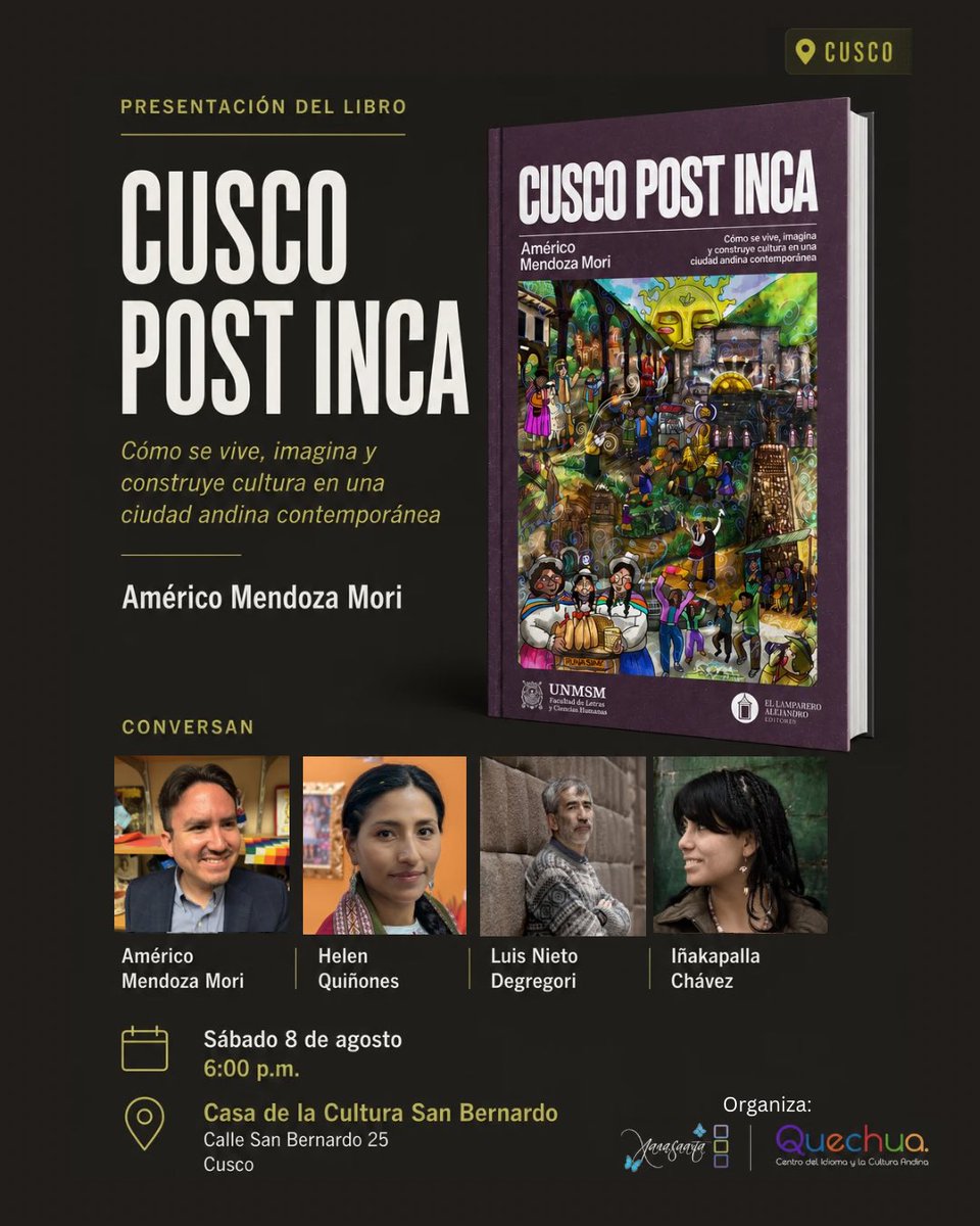ameriqo's tweet photo. 📚🎉🤗 ¡Esta semana presento mi primer libro! Si estás en #Cusco o #Lima, acompáñanos en las presentaciones de este ensayo cultural que celebra el #quechua y la creatividad andina contemporánea: ‘Cusco Post Inca’. Hamuychis! ☀️ https://t.co/X8rDiRz4Mf