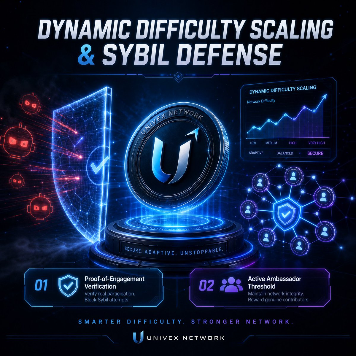 Univex_India's tweet photo. Sybil-Resistant Tokenomics: Securing Ecosystem Integrity Through Dynamic Proof-of-Engagement Difficulty Scaling and Active Ambassador Baseline Thresholds to Neutralize Automated Bots, Sybil Farming Farms, and Malicious Script-Driven Referral Exploits. 

#univexnetwork #PQC https://t.co/uFqcK4DrNI