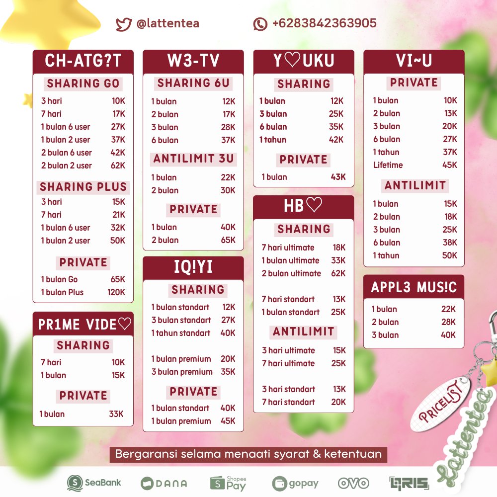 lattentea's tweet photo. ㅤ
⠀HELLOo  @ lattentea  sudah  OPEN  !  
   🅰️🅿️🅿️  editing‚  streaming‚  music‚   
   education  &amp;  many  more  🅾️RDER ?
   DⓂ️  or  💌 https://t.co/AAZgpal60y
   #bealanja 

𑄝੭.. Bergaransi, trusted since 2O24
𑄝੭.. Get a loyalty card on orders from 2OK

ㅤ https://t.co/J6sXImmrDx