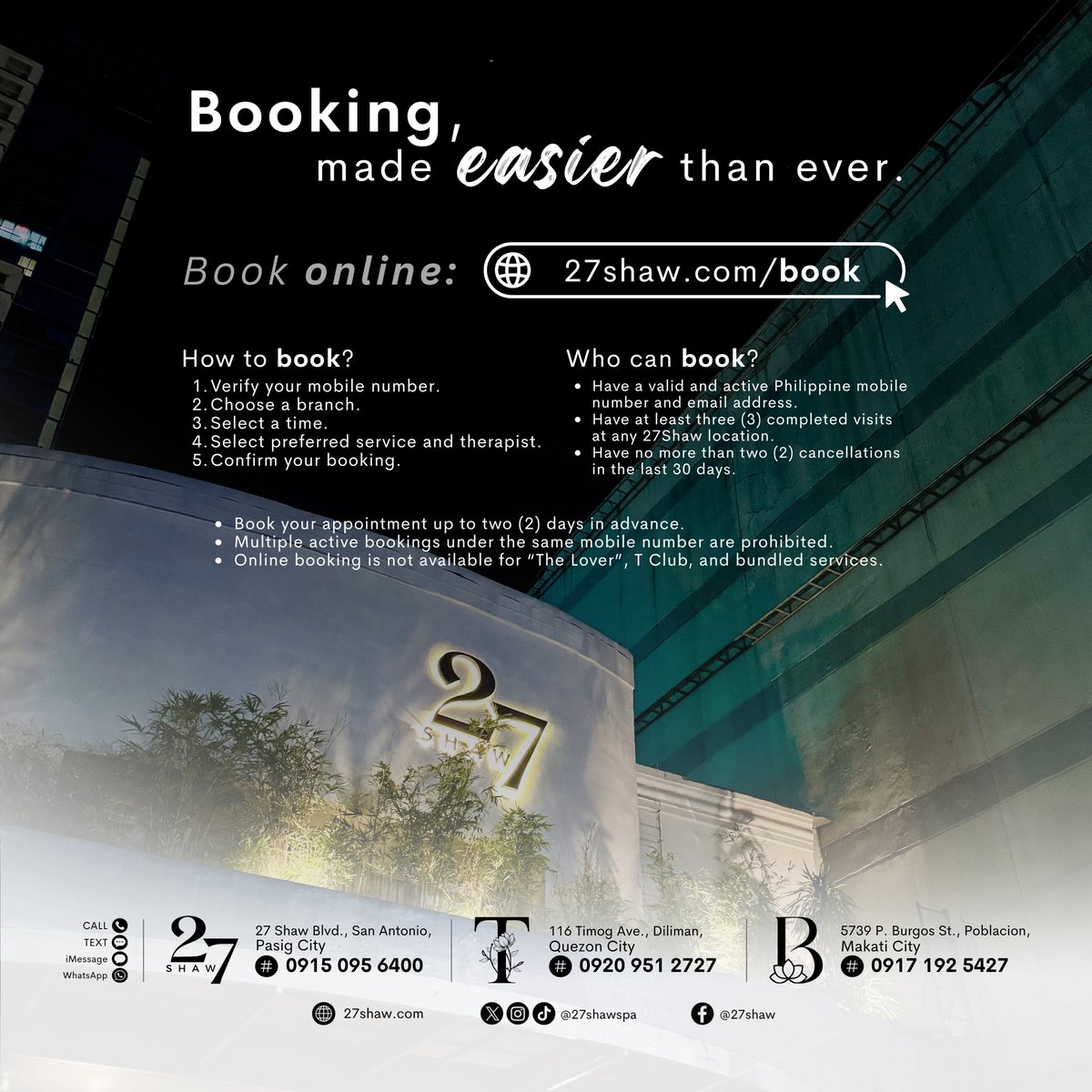 27shawspa's tweet photo. Book instantly, relax endlessly. ✨

Online Booking is now live. Plan your next escape in just a few taps. 📲
See the photo for the complete booking guide. 🖤

Book here: https://t.co/wvhamYPO5t 💆🏻‍♂️

#ThisIs27Shaw
#27Shaw #Tby27Shaw #Bby27Shaw https://t.co/T3UNQxxYbu