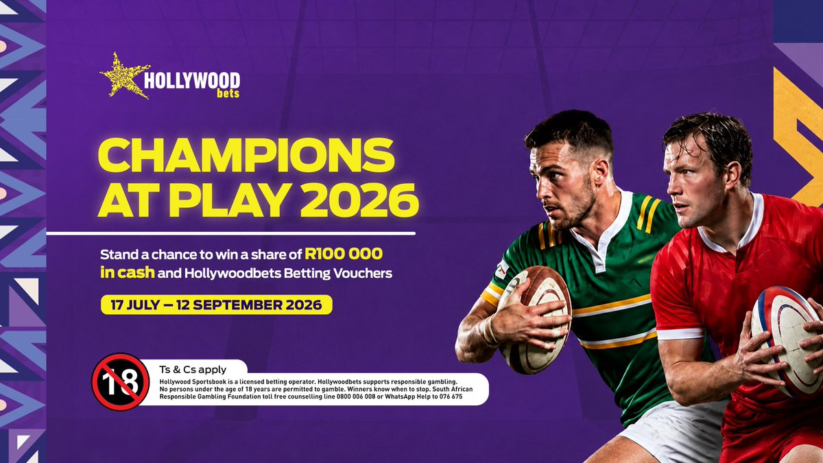 Ziggy_Diver1's tweet photo. Champions at Play

The action is heating up. 🏉

Join Champions at Play 2026 for your chance to win a share of R100 000 in cash and Hollywoodbets betting vouchers.

👉 https://t.co/AxM7np5Aot

18+ Only. Ts &amp; Cs Apply. Please Gamble Responsibly. https://t.co/L2rOXIx87t
