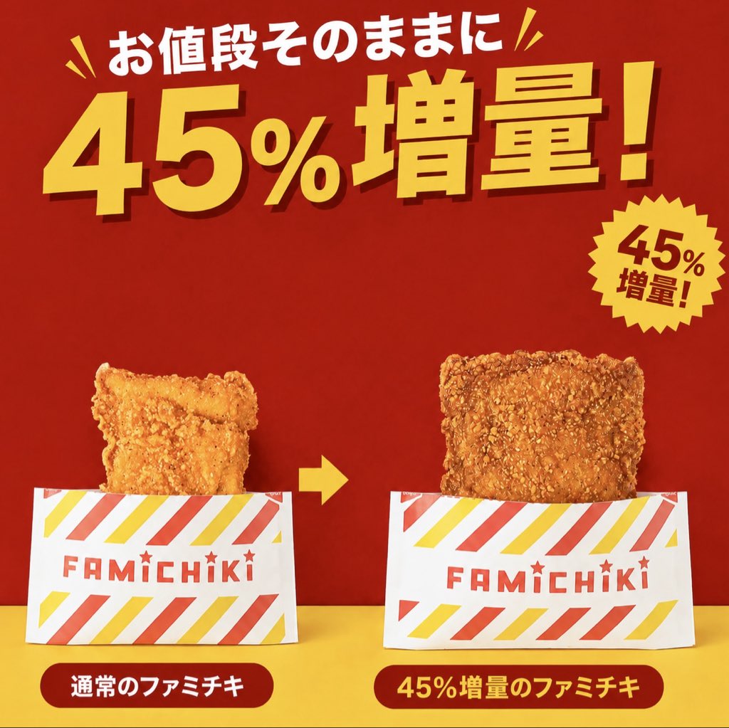 gourmetroad5's tweet photo. ８月４日(火)よりファミリーマートでは、サクサクッとした衣の食感と、柔らかくてジューシーな鶏肉の旨みが楽しめる「ファミチキ」をお値段そのままに45%増量した「増量ファミチキ」が発売されます✨
https://t.co/wMBqOT5M7B https://t.co/5DPO6in5ha