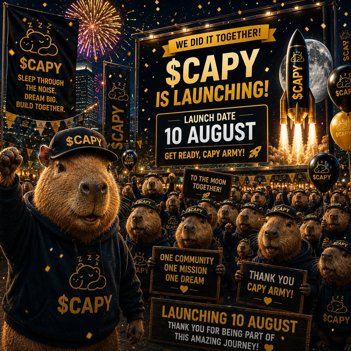 KingAz4Ever's tweet photo. 🚀 The wait is almost over!

Official Launch: 10 August 🗓️

The journey begins soon, and we're excited to welcome everyone to $CAPY from day one.

🎯 We're aiming high and building together—one community, one mission.

Be ready:
❤️ Like
💬 Comment
🔁 Repost
🔔 Turn on notifications so you don't miss the launch.

Thank you to every member of the $CAPY Army for being part of this journey. Let's make launch day unforgettable! 🌙

#CAPY #SleepyCapy #Solana #Memecoin #Crypto #CryptoTwitter #LaunchDay #CommunityFirst