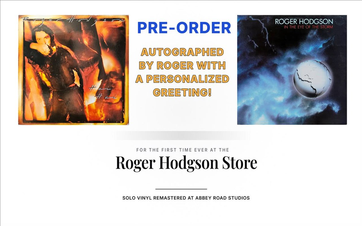 RogerHodgson's tweet photo. Roger's debut solo album was originally released in 1984 and reissued now for the first time since 1987.

In the Eye of the Storm (1984) and Hai Hai (1987) are back as 180g black vinyl reissues, cut from Abbey Road Studios ½-speed masters by Miles Showell for exceptional sound quality.

Shop now at  https://t.co/yfTNOzNzJD  Roger will personally sign a greeting or dedication to the person of your choice.

#Supertramp #vinyl #album #abbyroad