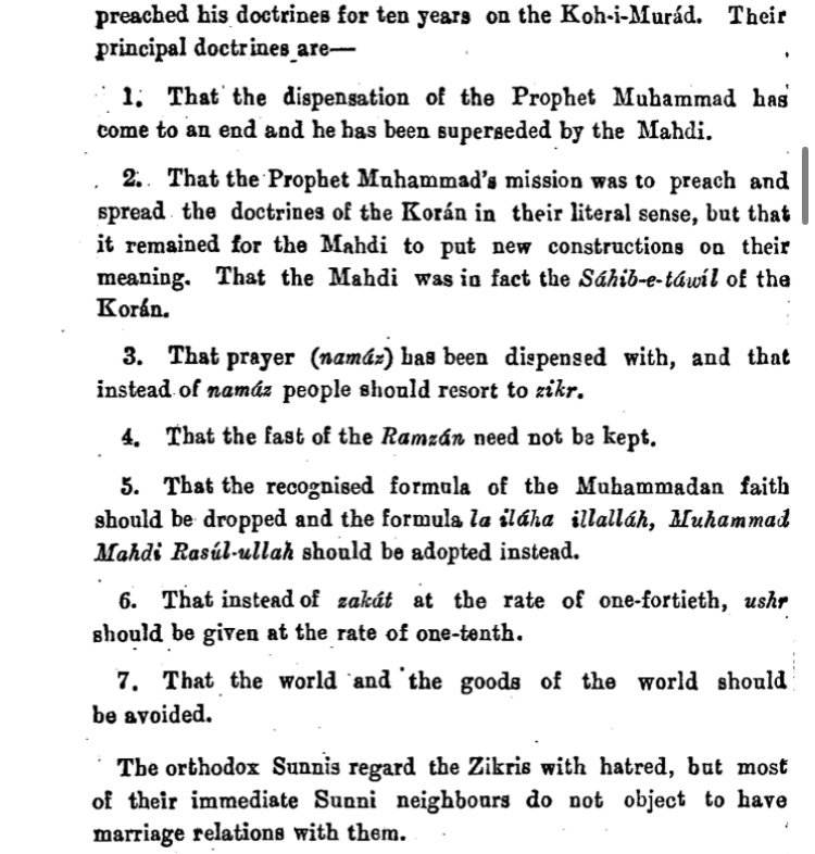e_munti's tweet photo. The doctrines of this heretical sect founded by a Hindustani Gangetic-Pashtun hybrid and followed by the Baloch:

1. Dispensation of Prophet Muhammad suspended by their "Mahdi"
2. This "Mahdi" could add new meanings to the Quran 
3. Namaz, Ramzan abandoned 
4. Shahada corrupted https://t.co/sPtC3jLJ9J