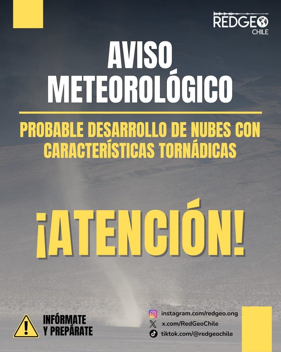 RedGeoChile's tweet photo. 🟡 AVISO METEOROLÓGICO 🌪️ PROBABLE DESARROLLO DE NUBES CONVECTIVAS CON CARACTERÍSTICAS TORNÁDICAS EN LA REGIÓN DE LOS LAGOS.

Durante esta noche, la Dirección Meteorológica de Chile (#DMC) emitió un Aviso Meteorológico por probable desarrollo de nubes convectivas con características tornádicas, asociado a condiciones de inestabilidad atmosférica, el cual podrá afectar a la región de Los Lagos desde esta madrugada de lunes 03 de agosto.

🌪️ Zonas con probabilidad de ocurrencia:

🔹 Región de Los Lagos:
• Litoral.
• Cordillera de la Costa.
• Valle.
• Chiloé.
• Litoral Interior.

🌐 Como ONG, reforzaremos el monitoreo de este evento, informando en tiempo real y recibiendo reportes de la comunidad para mantener información actualizada y verificada.