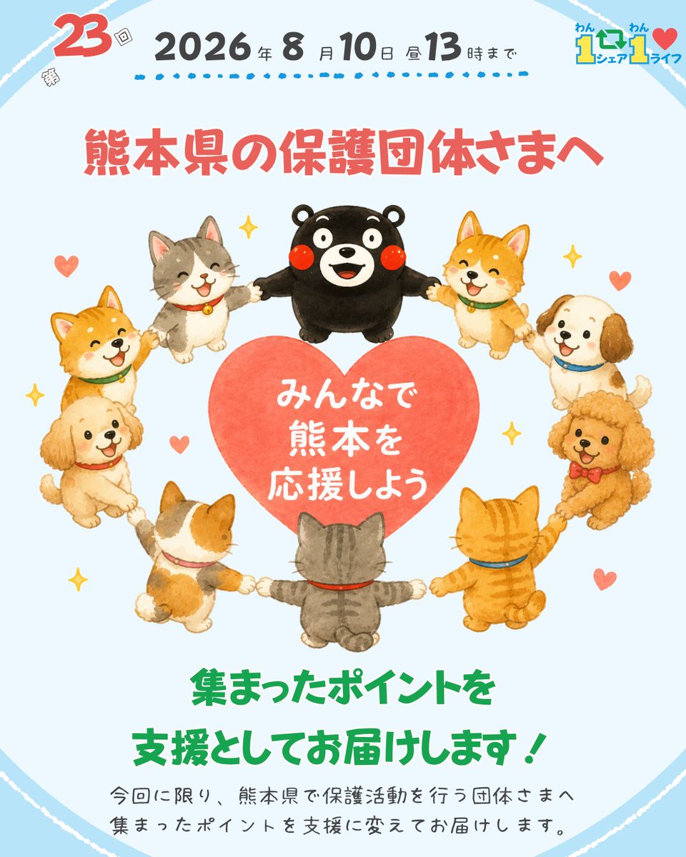 pochi10tama's tweet photo. 【緊急特別回】第23回 #1シェア1ライフ

熊本で発生した地震を受け、今回は集まったポイントのすべてを《熊本で活動する当プログラム加入団体さま》へお届けします。
通常とは異なる分配となりますが、今もっとも支援を必要としている現場へ届けるための判断です。ご理解と温かい応援をお願いいたします🙇🏻‍♀️
※来月からは通常の分配に戻ります。

締切：8/10(月) 13:00
✉️コメントいただいた方にはお礼メッセージが届きます
