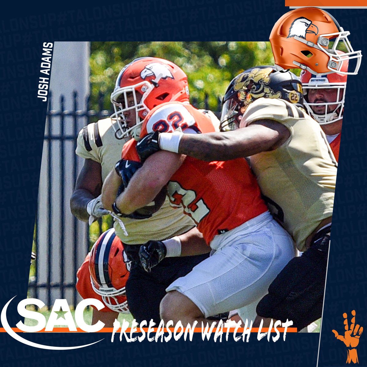 CN_Eagles's tweet photo. Two offensive players and one specialist have been named players to watch by the @SAC_Athletics 

👀 @Joshua_5_Adams 
👀 @JaydenW_58 
👀 @bennettcs04 

📋 https://t.co/dMRfcZmSQS

@cnfootball x #TalonsUp x #Brotherhood https://t.co/1atkMEojKx