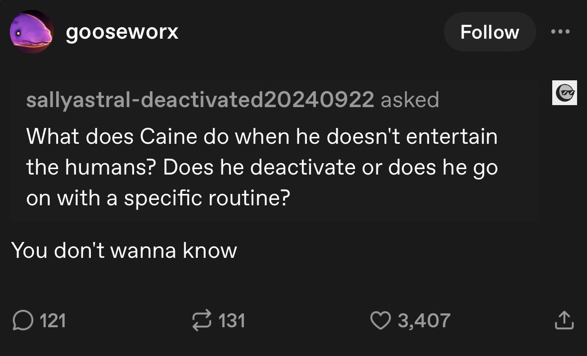snailshad_e's tweet photo. does anyone have any guesses for what caine got up to when he fucked off during adventures. this is all goose had to say on the matter xD https://t.co/TuTUU1xy4P