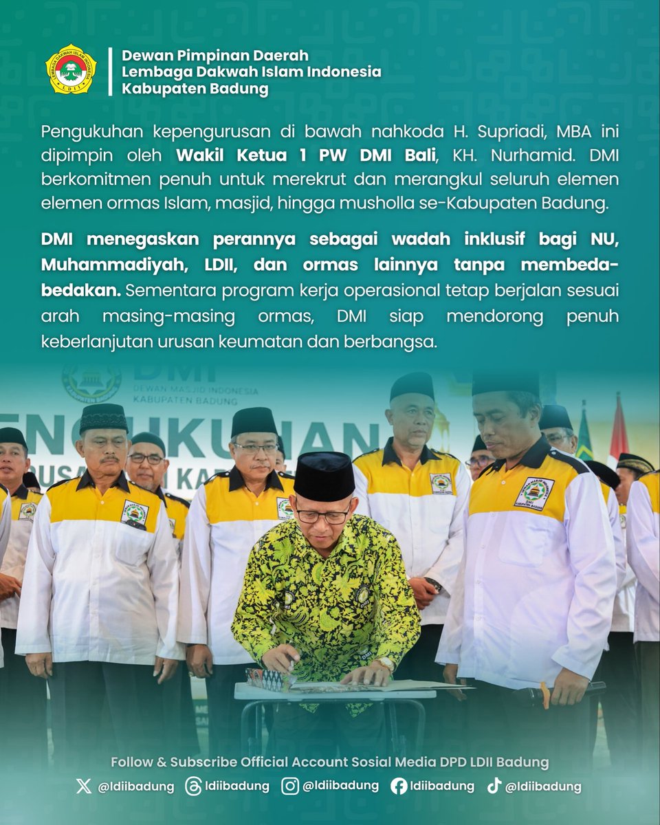 ldiibadung's tweet photo. Pengukuhan Pengurus DMI Kabupaten Badung Periode 2026–2031 menjadi momentum untuk memperkuat sinergi dan ukhuwah seluruh elemen umat Islam di Kabupaten Badung.

Dua kader LDII Kabupaten Badung turut dipercaya untuk berkontribusi dalam kepengurusan DMI https://t.co/K8QrhP4MBY