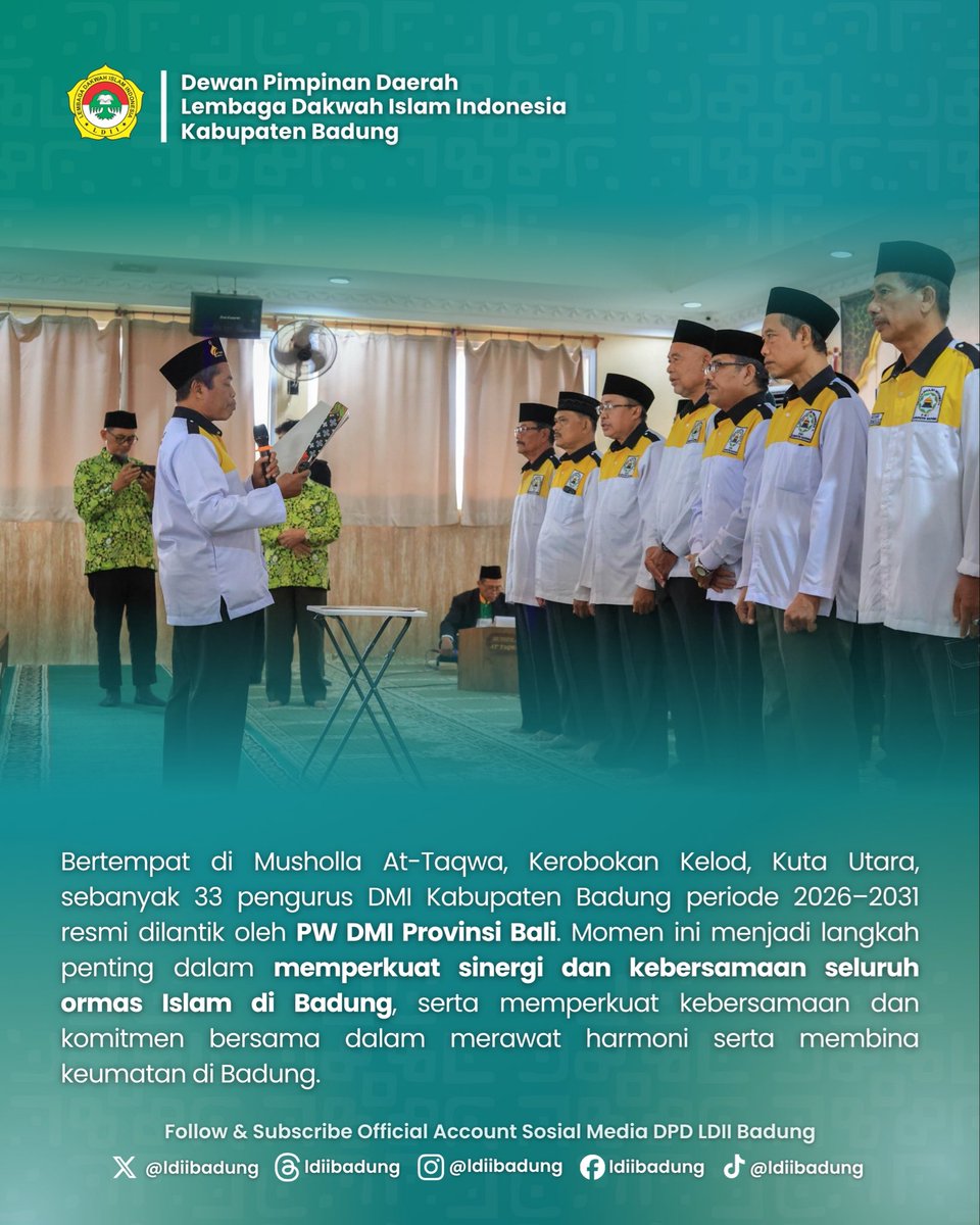 ldiibadung's tweet photo. Pengukuhan Pengurus DMI Kabupaten Badung Periode 2026–2031 menjadi momentum untuk memperkuat sinergi dan ukhuwah seluruh elemen umat Islam di Kabupaten Badung.

Dua kader LDII Kabupaten Badung turut dipercaya untuk berkontribusi dalam kepengurusan DMI https://t.co/K8QrhP4MBY