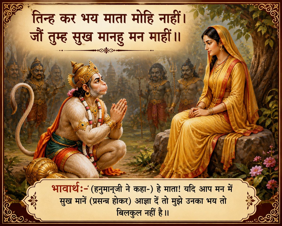 Ramlal's tweet photo. ॥सुंदर कांड॥

तिन्ह कर भय माता मोहि नाहीं। 
जौं तुम्ह सुख मानहु मन माहीं॥

भावार्थ:-(हनुमान्‌जी ने कहा-) हे माता! यदि आप मन में सुख मानें (प्रसन्न होकर) आज्ञा दें तो मुझे उनका भय तो बिलकुल नहीं है॥

#RamCharitManas
#SundarKand https://t.co/vSKm3EXLap