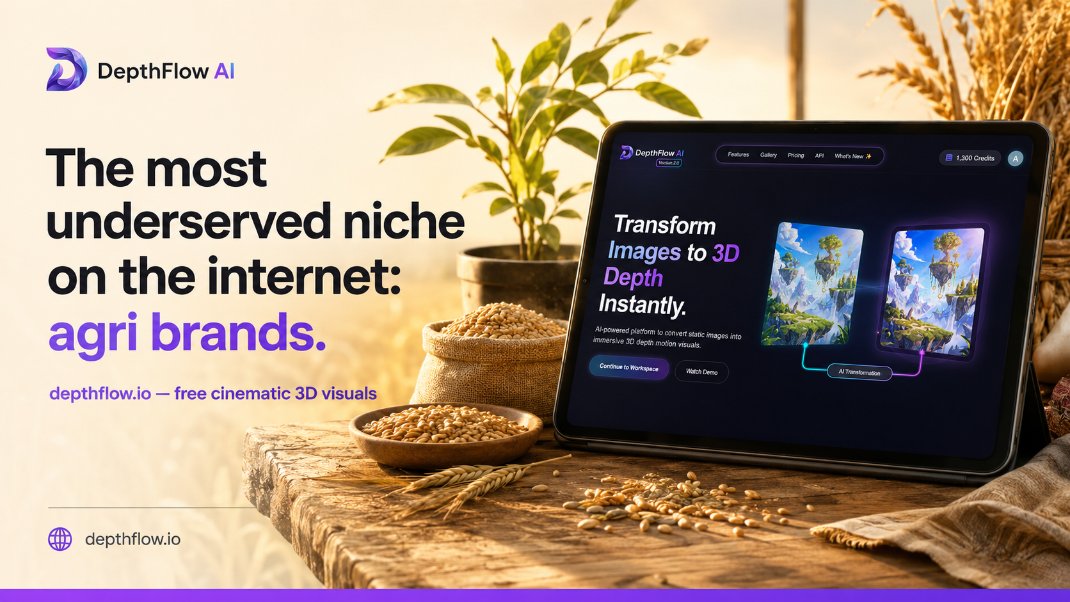 depthflow_ai's tweet photo. Most underserved niche on the internet right now: agri brands.

Farm shops, organic sellers, FPOs — all posting flat phone photos while competing with polished FMCG brands.

One free tool closes that gap: https://t.co/4BPNKaBp1X 🌾🌊

Cinematic 3D. Zero budget.

#AgriBusiness https://t.co/T0tZNHgdTT