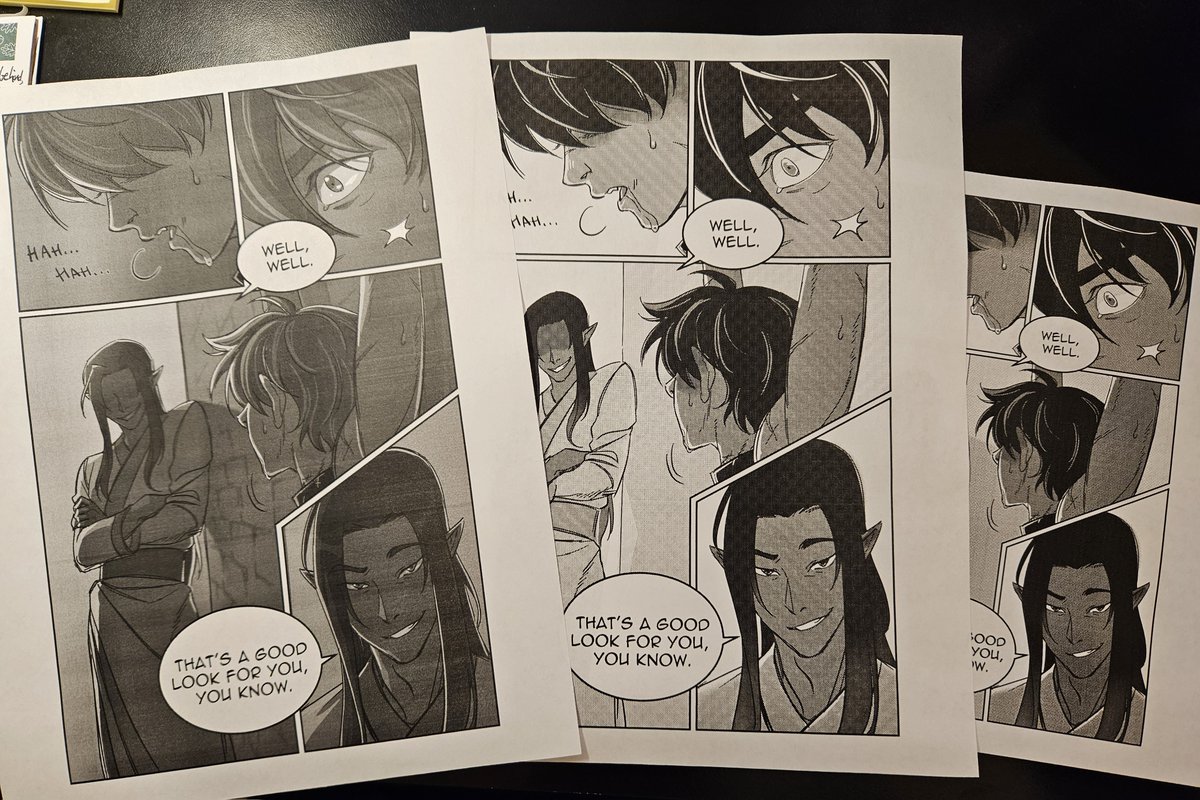 CaimVi's tweet photo. I wanna make a proper doujinshi-style comic, so I want to get better at tones and learn to work with more limited options, it's a bit freeing in a way-! 
Also damn, tones really let the lineart shine so much better, my lineart always gets swallowed up by solid fill shading... :') https://t.co/7JrHXSFNnx