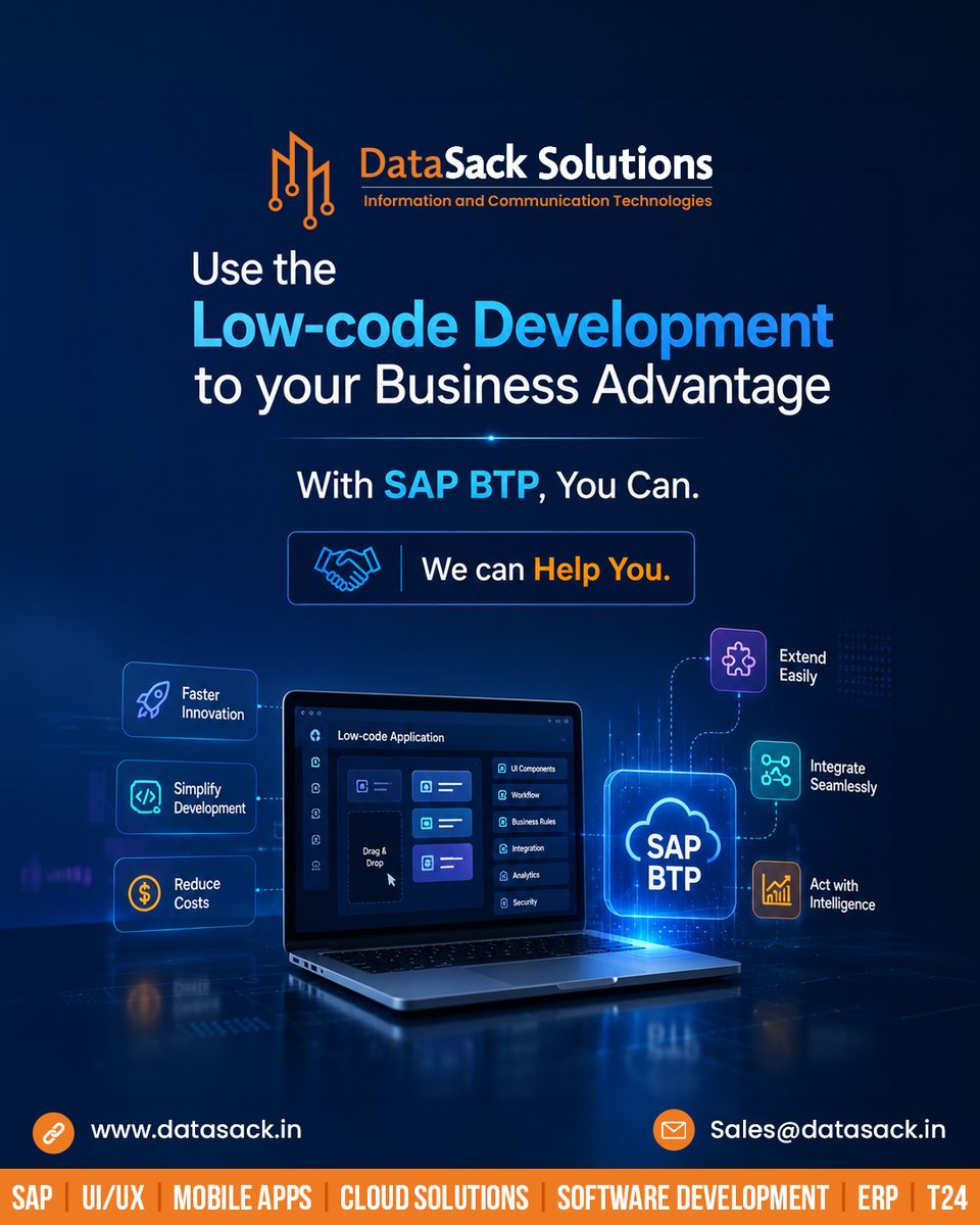 datasack's tweet photo. Accelerate Digital Transformation with SAP BTP Low-Code Development

With SAP Business Technology Platform (SAP BTP), businesses can rapidly develop, automate, and scale applications while reducing development time and costs.

🌐 https://t.co/C5GK05SKrM

#SAPBTP #LowCode #NoCode https://t.co/jUPVDX2qeK