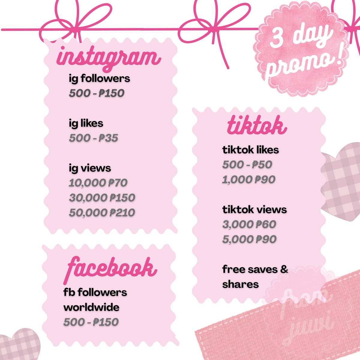 fromjuwii's tweet photo. juwi's august 3 day promo 🪽

— open daily for boosting services ! 
until aug 6. limited slots only
mop: gcash/maya/bank

tags: wts lfb ph boost service socmed social media ig fb tt likes followers reels views saves shares available fs for sale ph based booster post video https://t.co/aXVIlRke69