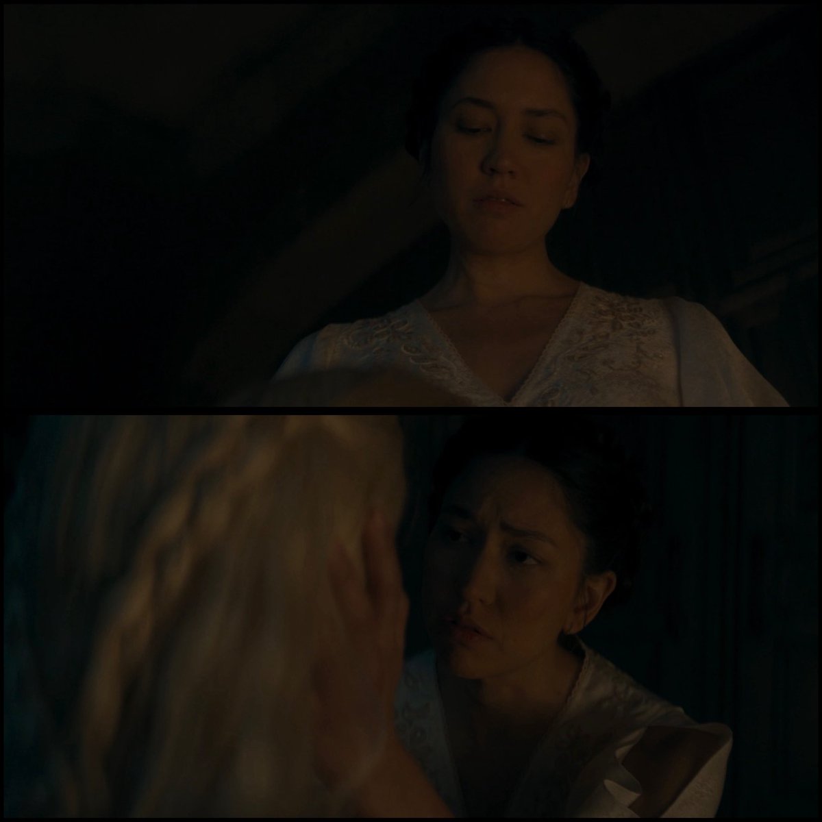 tropikoprincess's tweet photo. Just rewatched #hotd ep 7 again and I have so many fucking thoughts about Rhaesaria, but that throne scene with Sylvi and Mys was delicious af. 

“Some advice, my Lady. These people are not your own, you would do well to remember that. Within the walls of the highborn, a whore will always and ever remain a whore.”

It’s interesting to see how Mysaria has been losing her essence of subtlety, when put in situations where she thinks she won’t fully win Rhaenyra’s favour. From seeing her order the murder of a maid in the last ep just to keep her secrets—to seeing Mysaria’s rather reckless attempt at ruining Daemon in Rhaenyra’s eyes this episode—was quite telling. 

The White Worm would have been more subtle in her planting of seeds, but Mysaria has long since shed that cloak, she dons the finest silk her Queen has given her and in turn, she does feel quite threatened with Daemon around, which is why she desperately wants him gone. 

Though with that said, there’s also the more selfish part to that since Mysaria wants Rhaenyra to herself, to have access to her Queen alone without Daemon’s influence on her. 

“Her attentions may be on you now that you bathe in the warm light of her gaze,” ties in to Mysaria’s fear of losing that favour because of others around Rhaenyra, and how at a disadvantage she is because no matter what she does, she will never belong with nobility. 

This episode also really highlighted to me what kind of effects Rhaenyra’s affection and favour have had in Mysaria as a whole. She was so desperate to keep Rhaenyra subdued, to appease her and feed into what Rhaenyra wanted to hear. The low-angle shot of Mysaria saying Rhaenyra’s name, while answering the “do you think I’m worthy?” question, and the camera panning down as Mysaria levels herself to Rhaenyra’s eyes, really added such nuance to her complexity. 

Mysaria is playing both sides, and Sonoya’s so good at showing that through Mysaria's body language, from the restraint she adds whenever Mysaria’s away from Rhaenyra’s eyes to how Mysaria softens when they’re both finally looking at each other. (The nuzzling got me good!)

So, I do wonder how they’re going to keep exploring Rhaesaria and how they would conclude Mysaria’s journey. I know they’re doomed af but a girl can dream! 

Plus I’m just floored- icb I saw Rhaenyra’s praise kink be addressed on my screen like this and Mysaria did it. She’s a real one for that! 😭