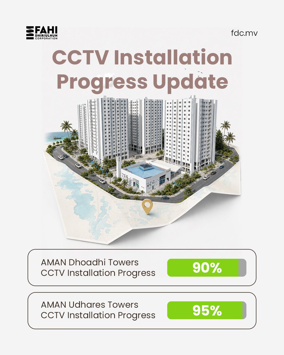 Fdc_mv's tweet photo. CCTV installation is progressing across AMAN Towers, reinforcing our commitment to a safer community.

#fdc #fahidhiriulhun #amaanmujuthamauakah #betterlivingbrighterfuture https://t.co/ZmasijH7Jz